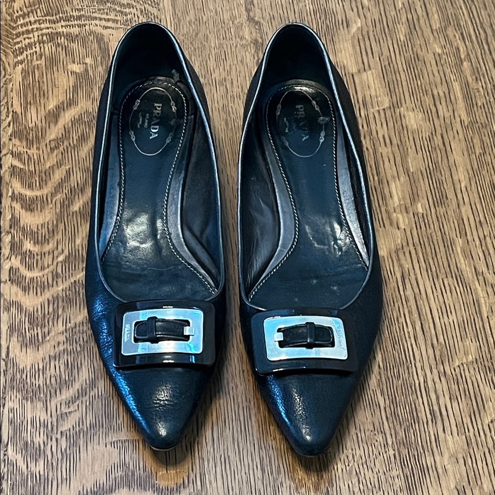 Prada Black Leather Point Toe Flats with Silver Buckle - Picture 5 of 12